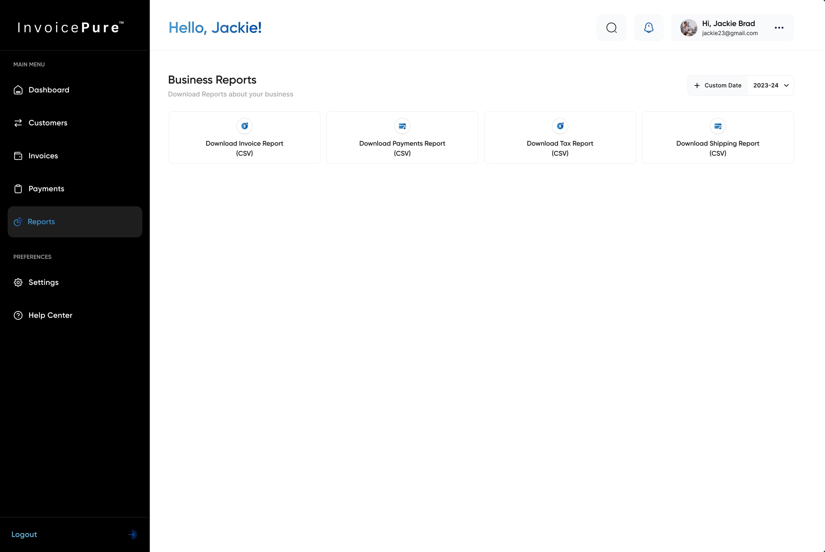 InvoicePure reporting workspace with invoice, payment, tax, and shipping reports