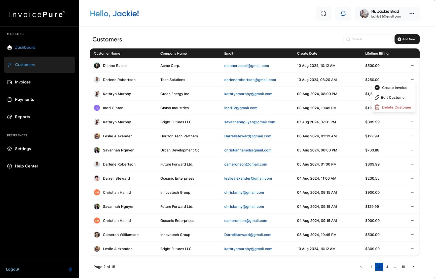 InvoicePure customer directory with contact information and business records