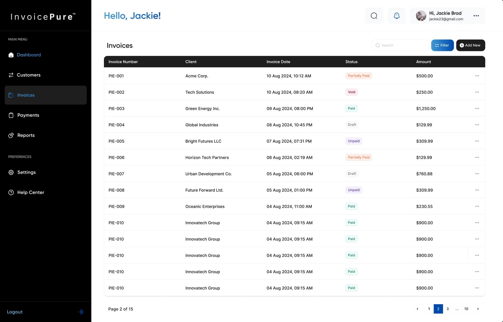 InvoicePure invoice register with customers, dates, payment statuses, and amounts