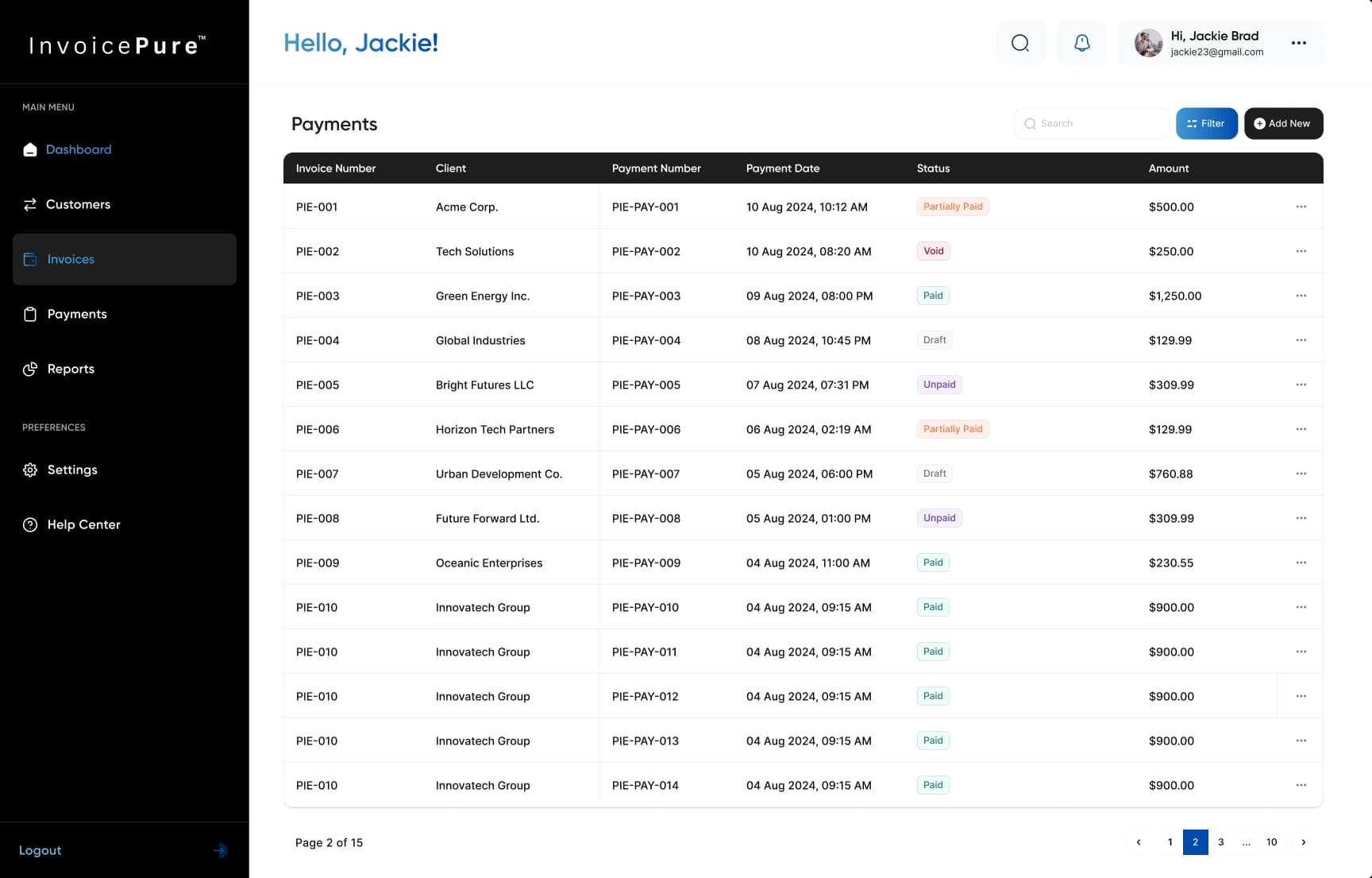 InvoicePure payment register showing customers, transaction dates, payment methods, and amounts