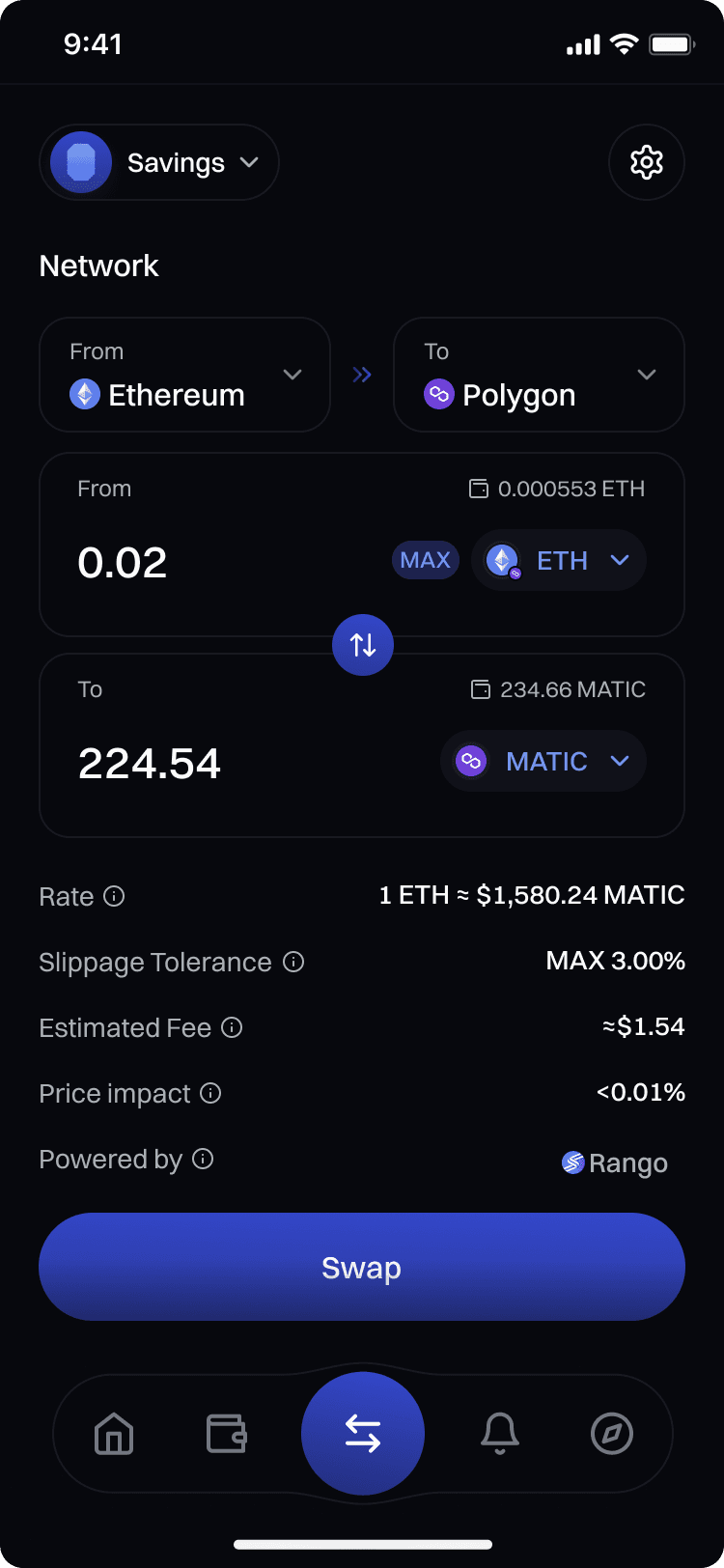 MPC Wallet swap screen