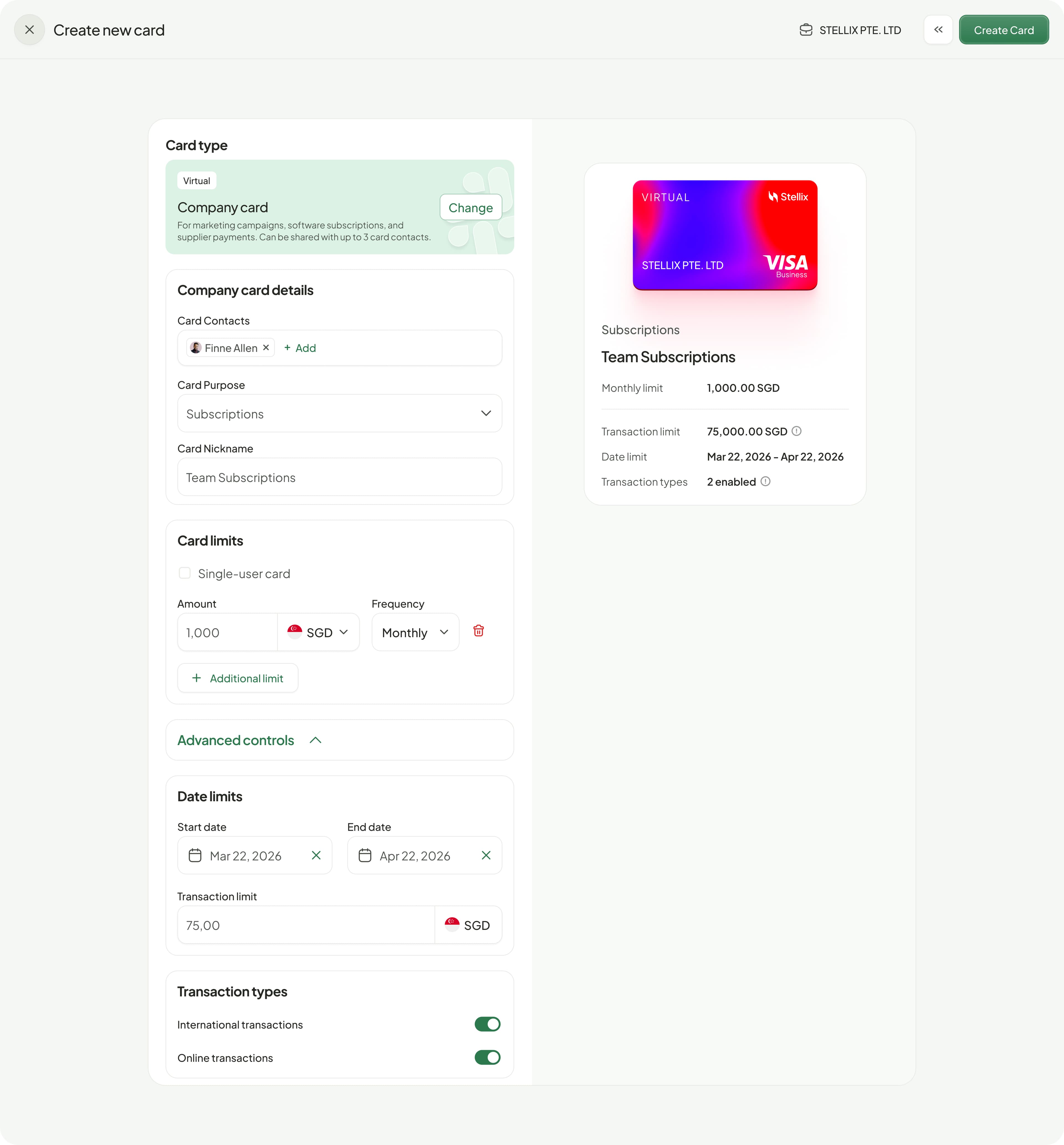 Virtual card creation with spending limits and transaction controls