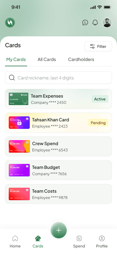 Mobile card list with card ownership and status