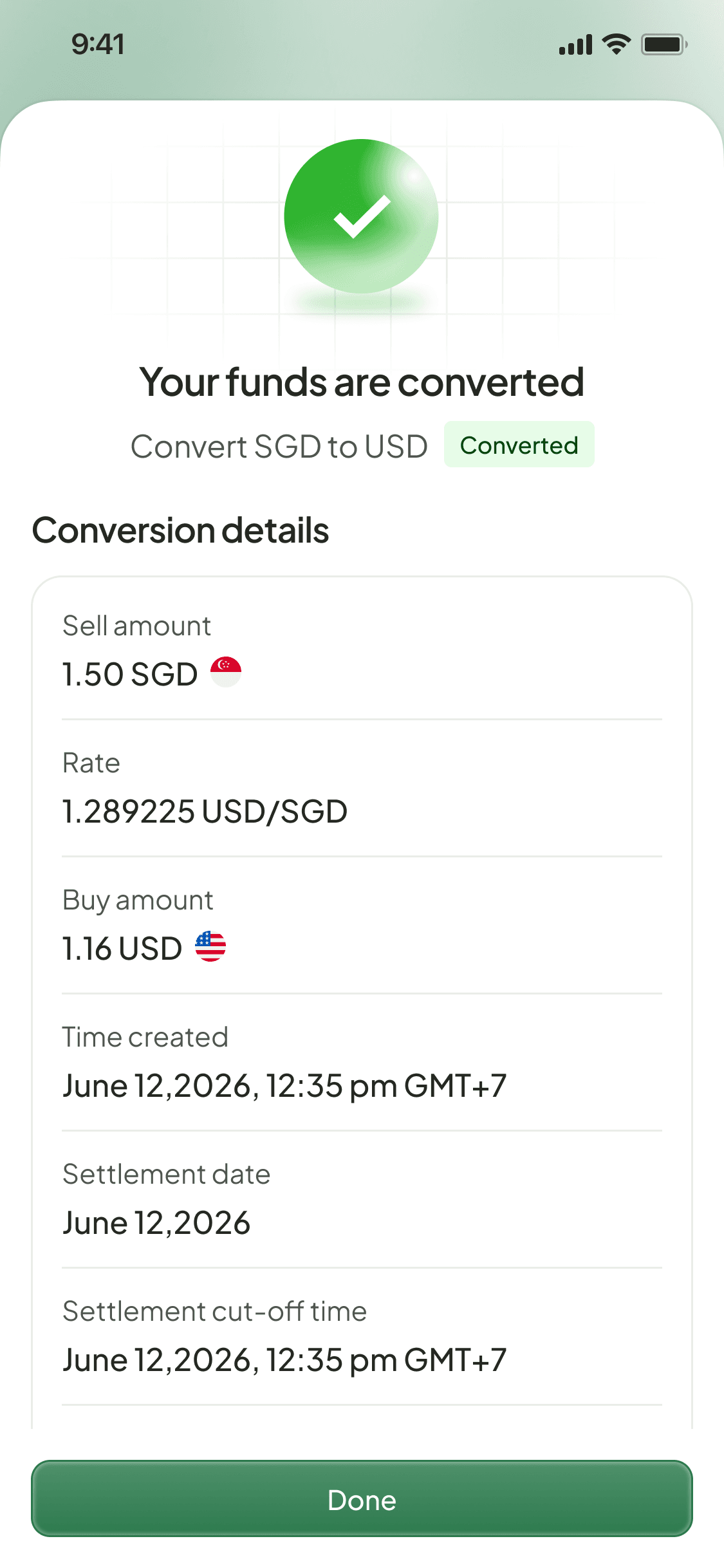 Completed mobile currency conversion with amounts and settlement details