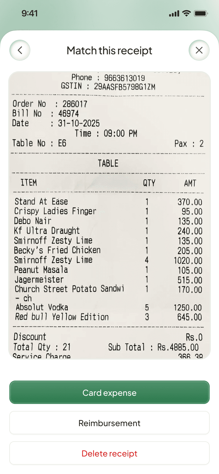 Mobile receipt matching with card expense and reimbursement options
