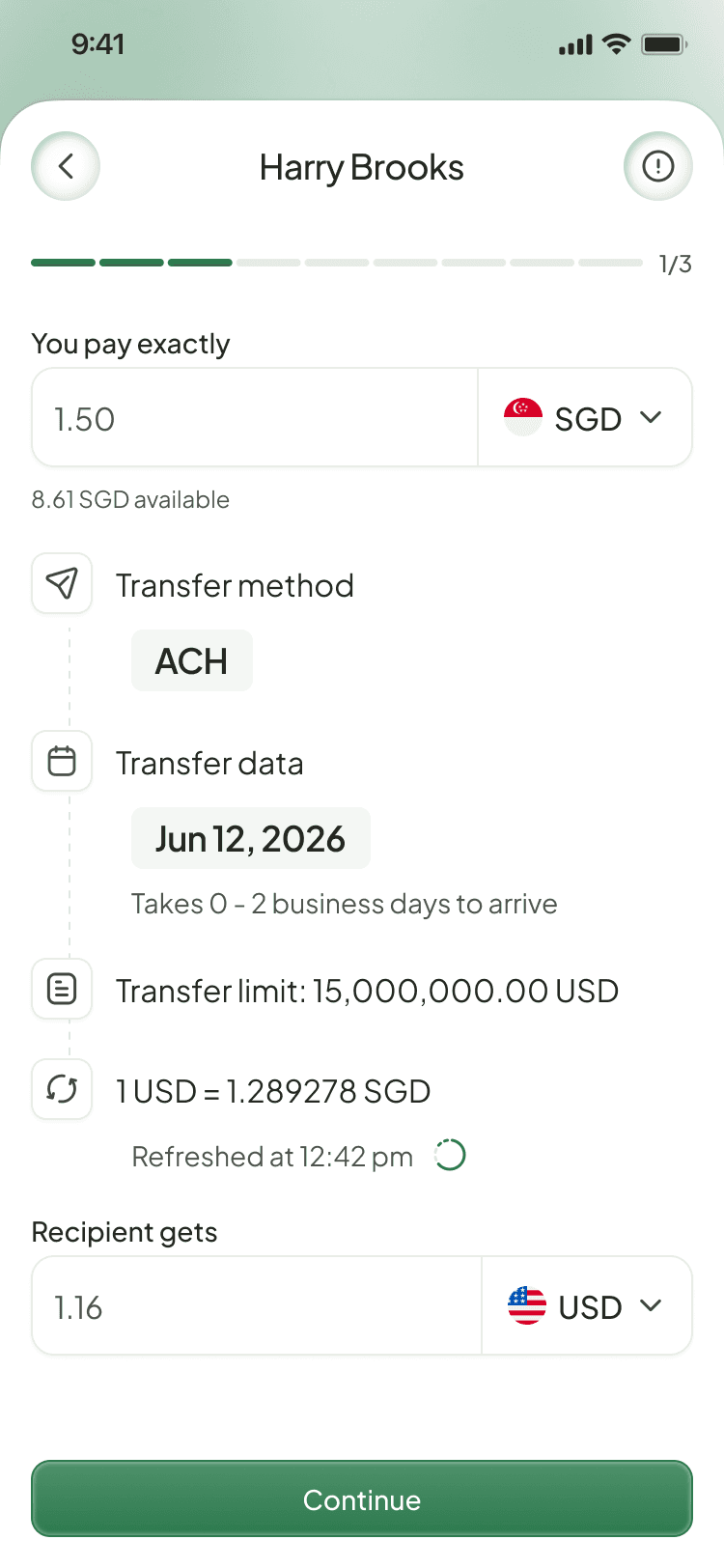 Mobile recipient transfer showing currencies, method, rate, and recipient amount