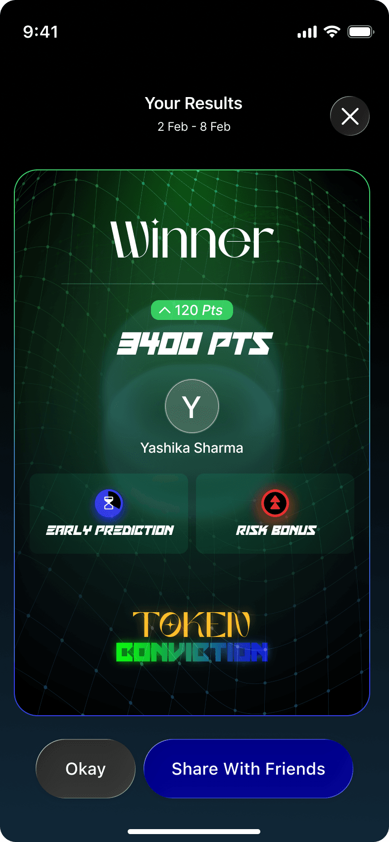 Token Conviction winner result showing earned points and sharing actions