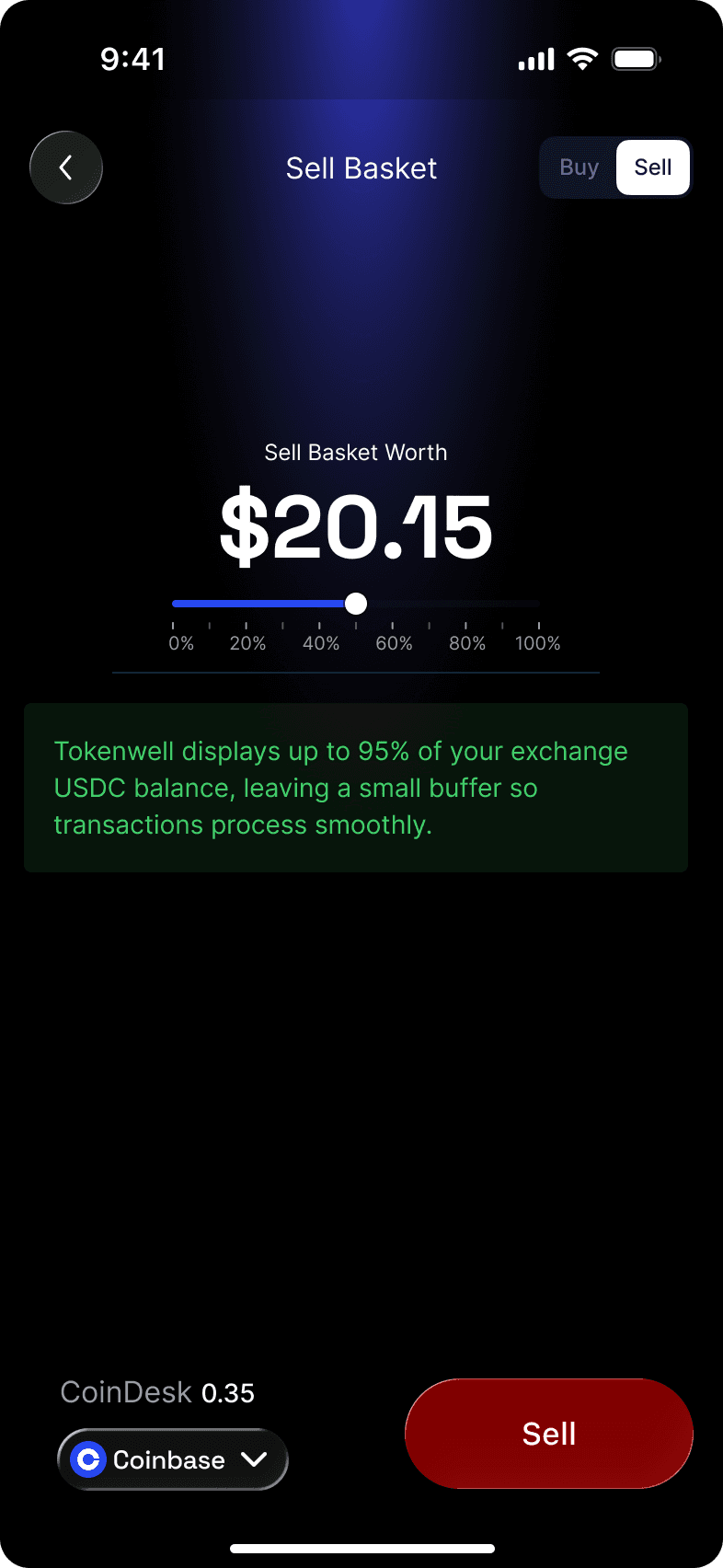 Tokenwell sell-basket screen with percentage selection and exchange context