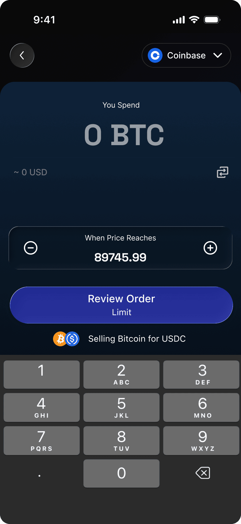 Tokenwell limit-order screen with price controls, Bitcoin amount entry, and order review
