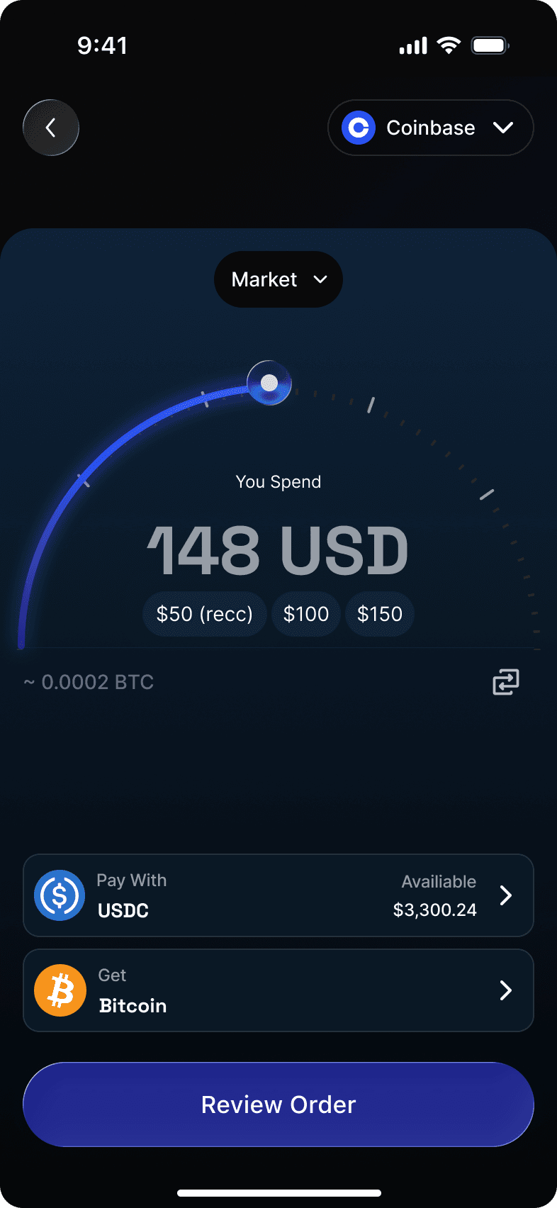 Tokenwell market-order screen showing amount selection, USDC balance, and Bitcoin order review