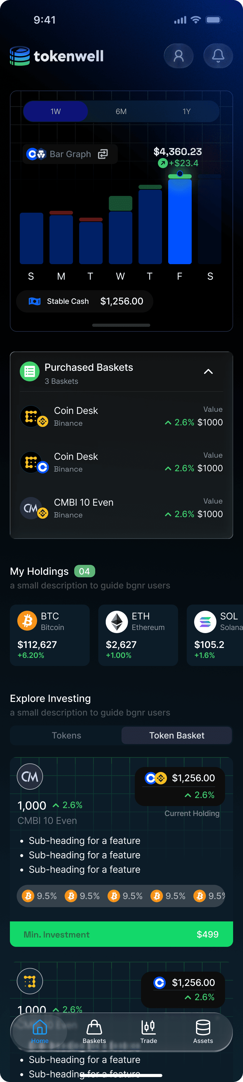 Tokenwell mobile home screen with portfolio performance, purchased baskets, and crypto holdings