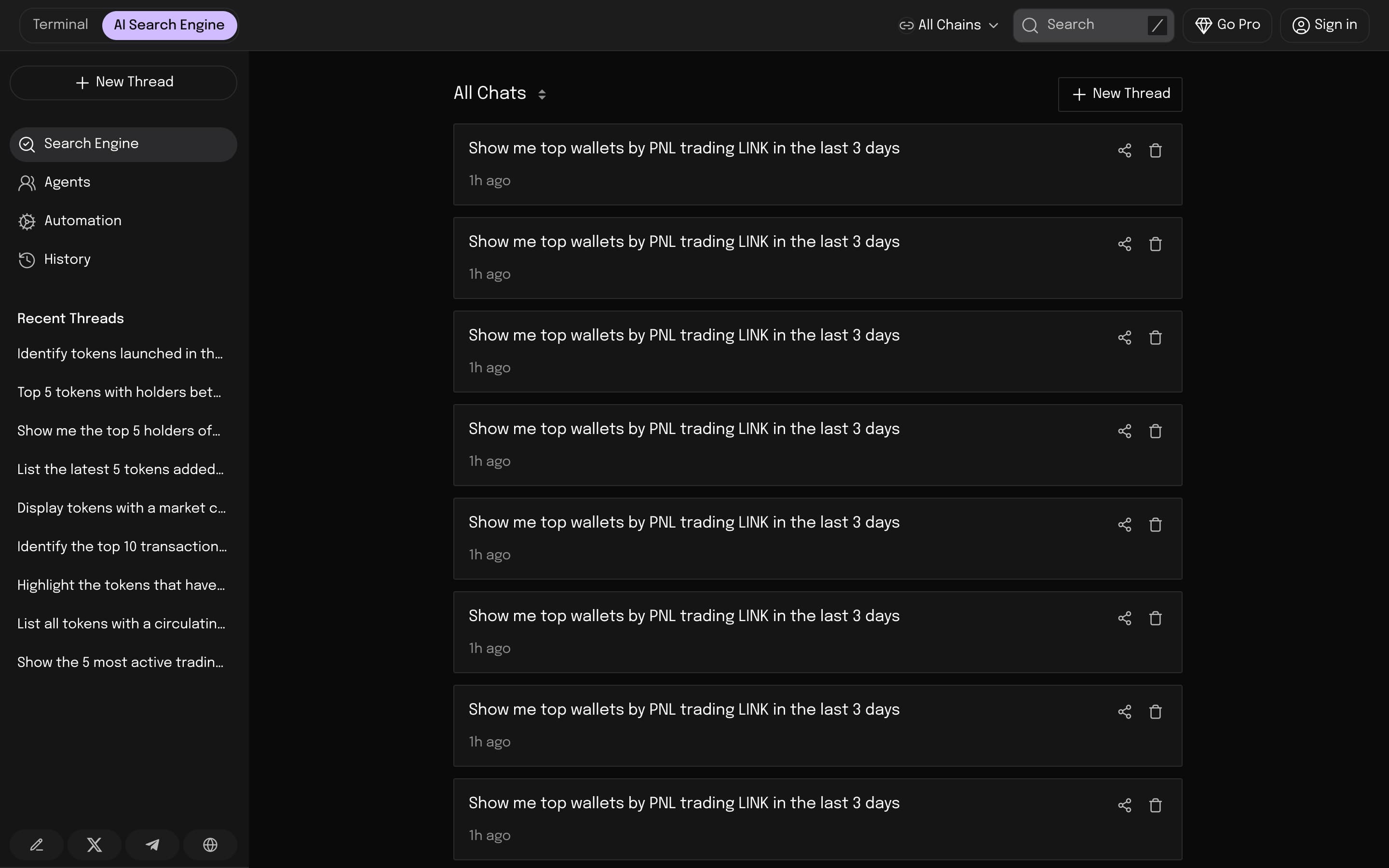 Web3 AI Chat history showing wallet PNL research threads and share and delete controls