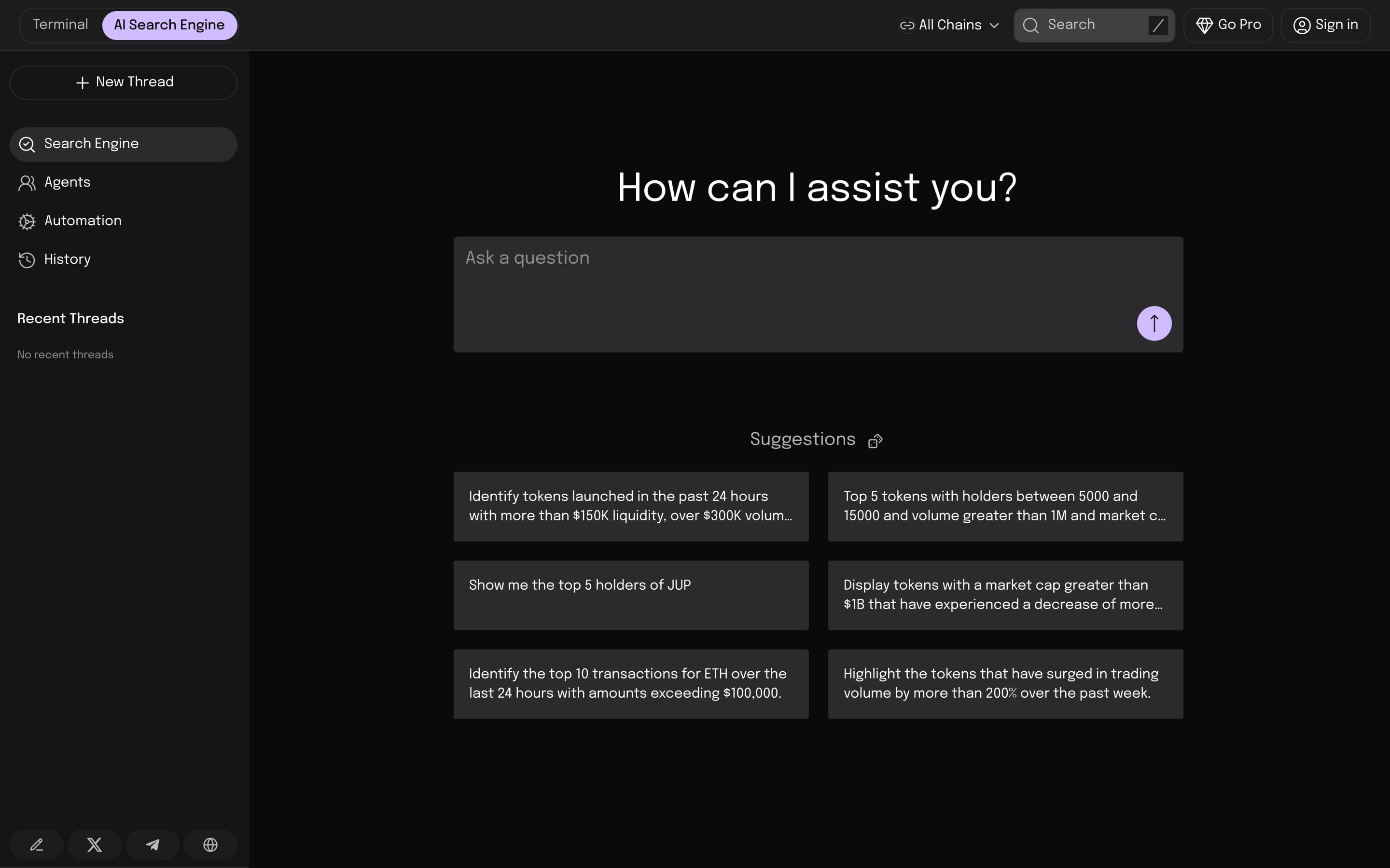 Web3 AI Chat first-use screen with a question field and suggested onchain research prompts