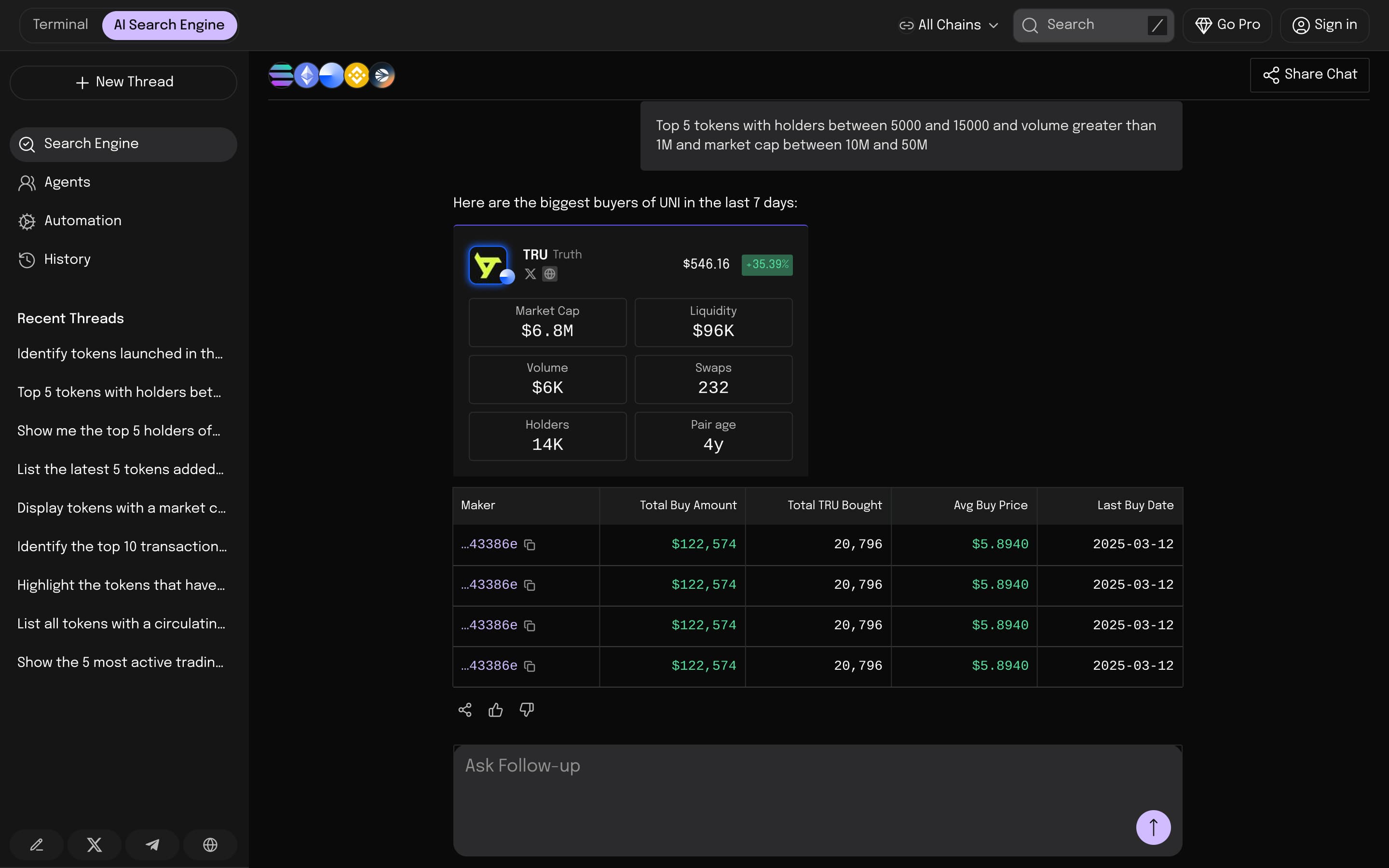Web3 AI Chat result containing a token analytics card and a trader activity table