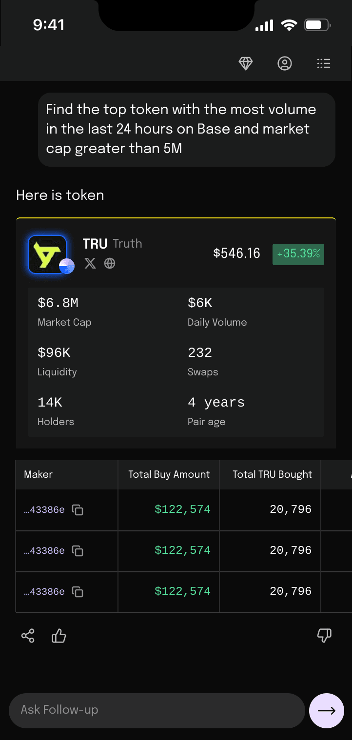 Web3 AI mobile chat showing a Base token query, token metrics, trader table, and follow-up field