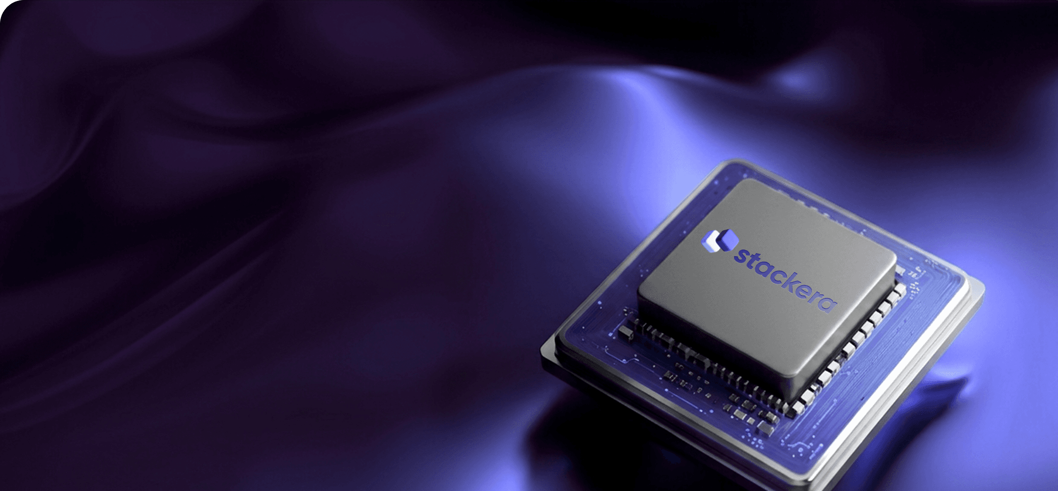 Stackera-branded processor on a blue and violet circuit board
