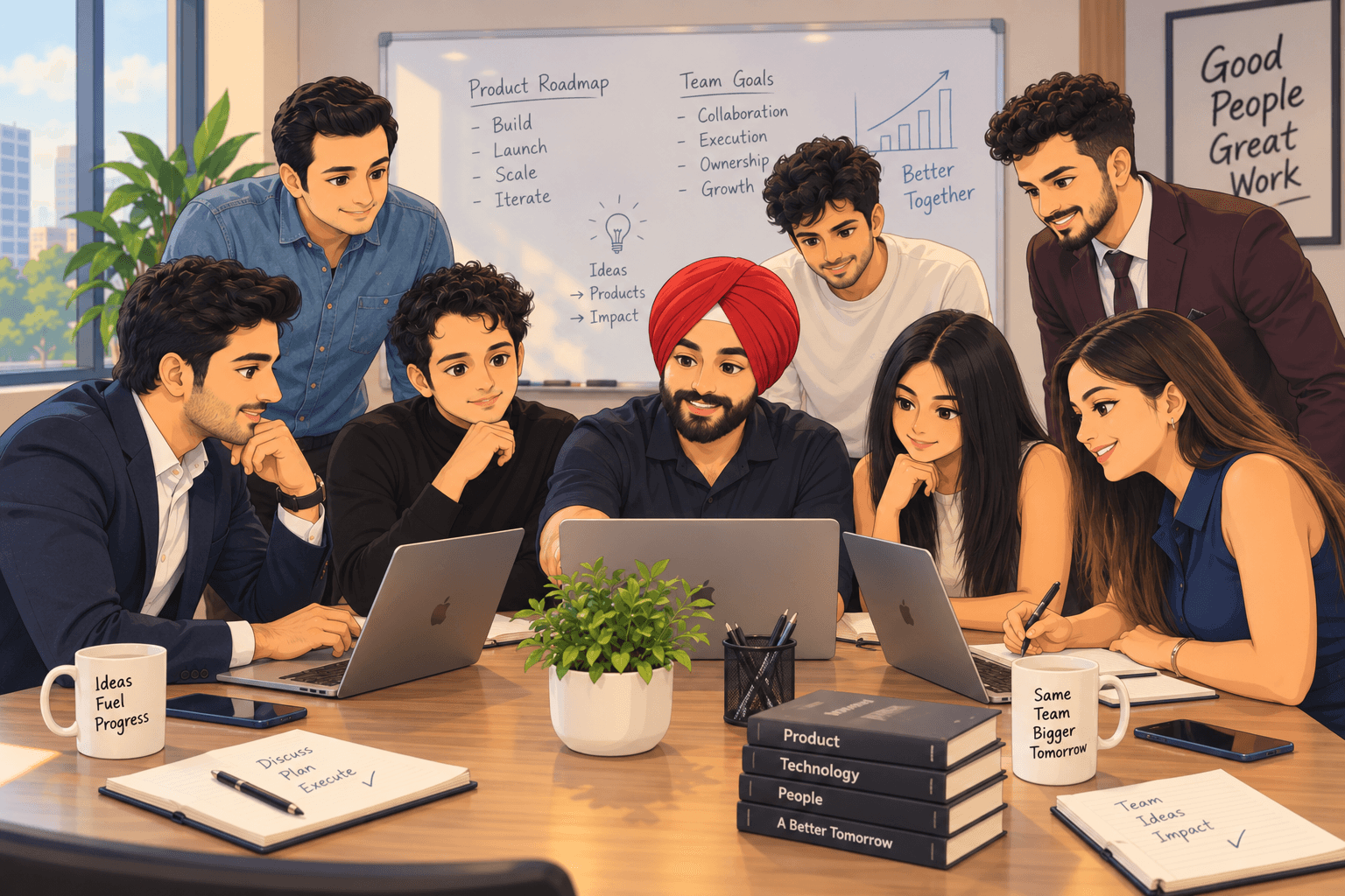 Illustration of the Stackera team collaborating around laptops in a bright workspace