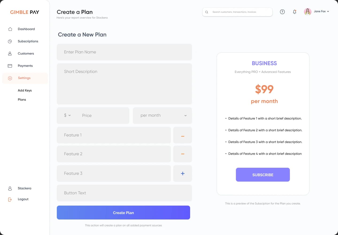 GimblePay plan editor with pricing, features, and a subscription preview