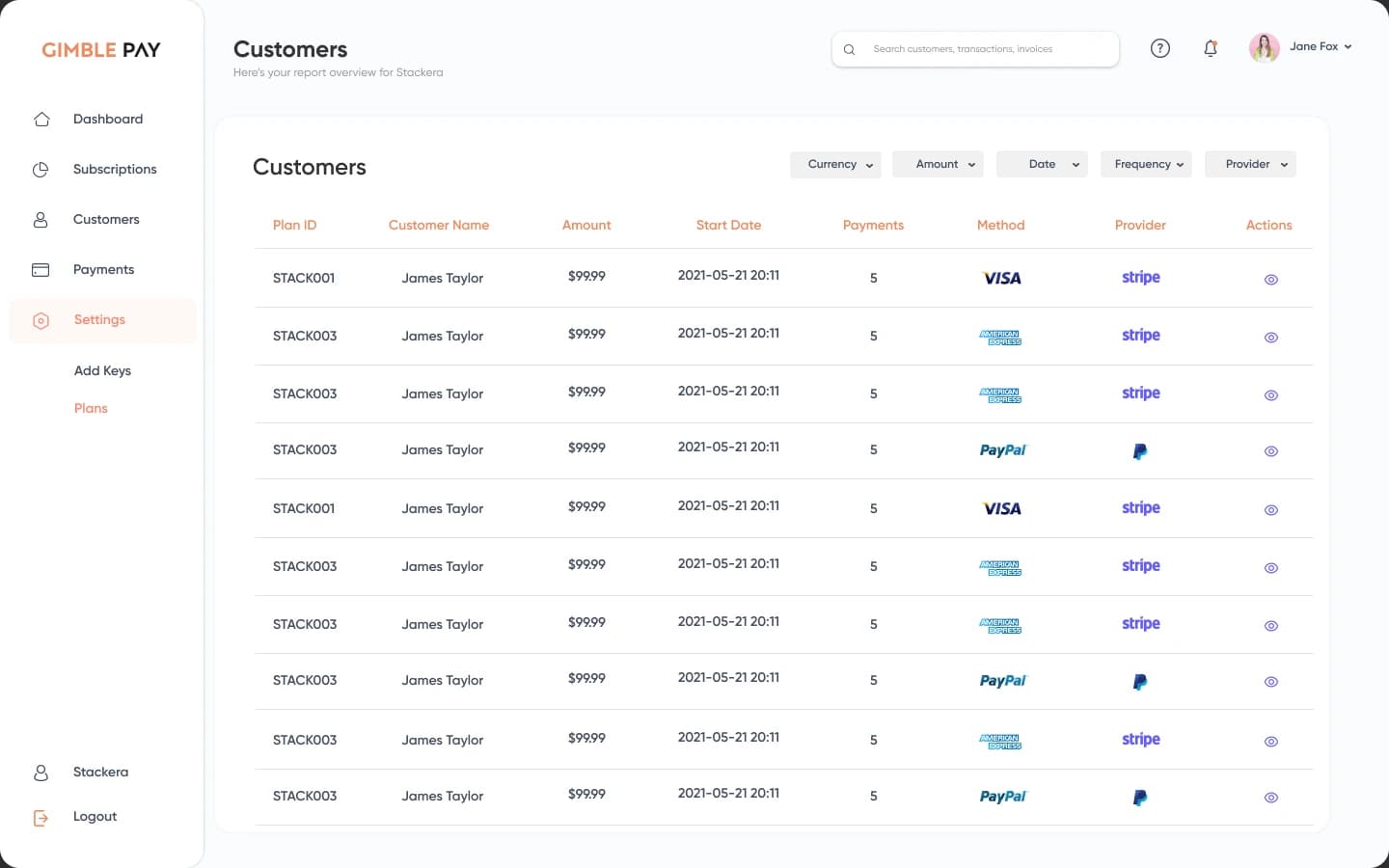 GimblePay customer register connecting subscriptions with payment records