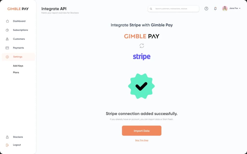 GimblePay payment-provider connection with data import