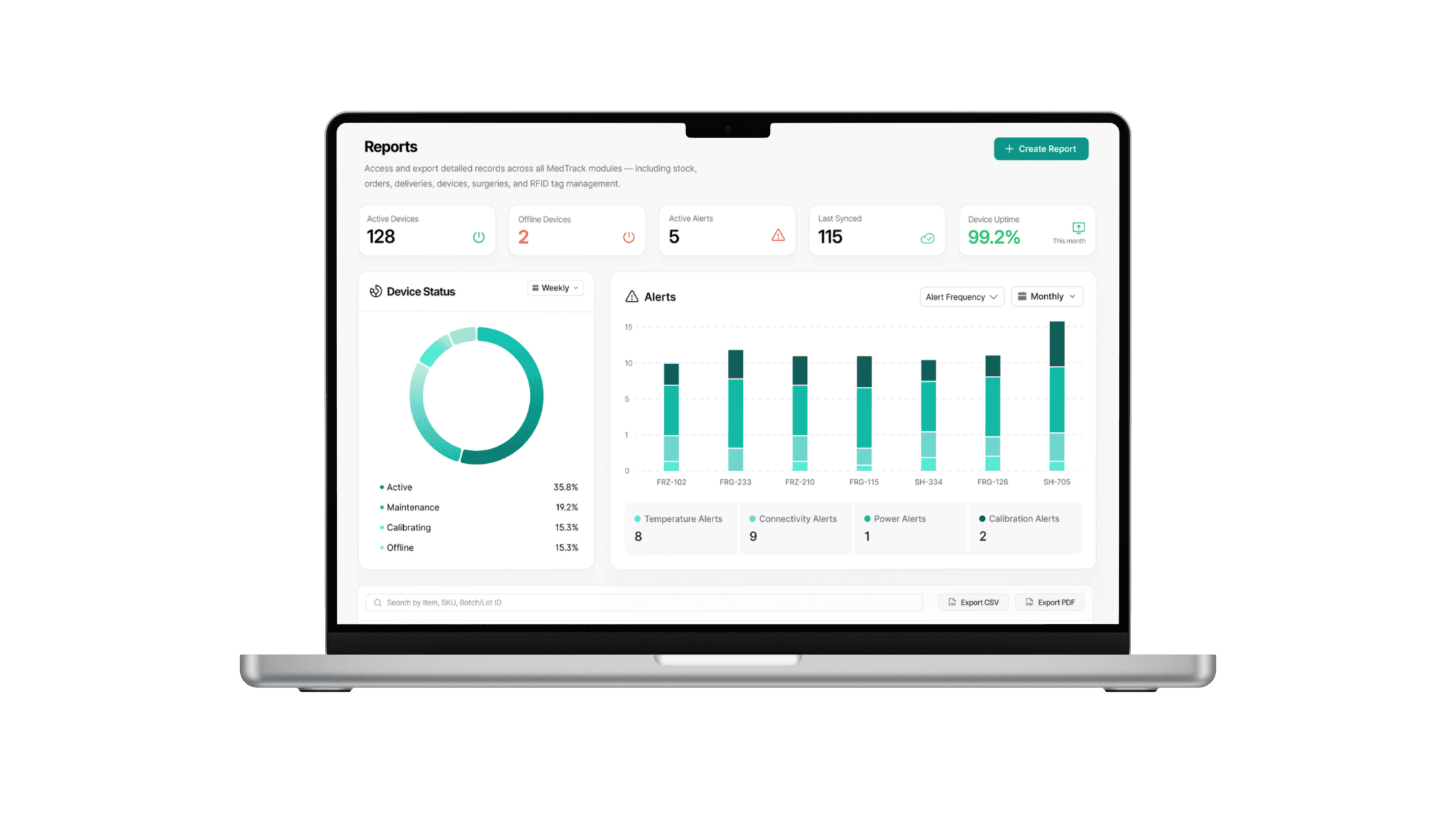 VacTrack operational reports dashboard with stock and delivery data
