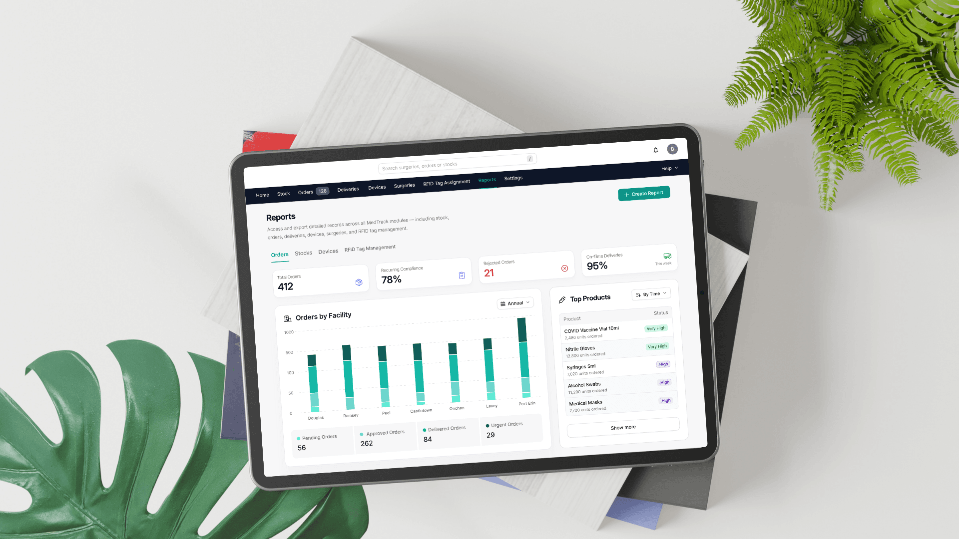 VacTrack reports dashboard displayed on a tablet in a healthcare workspace