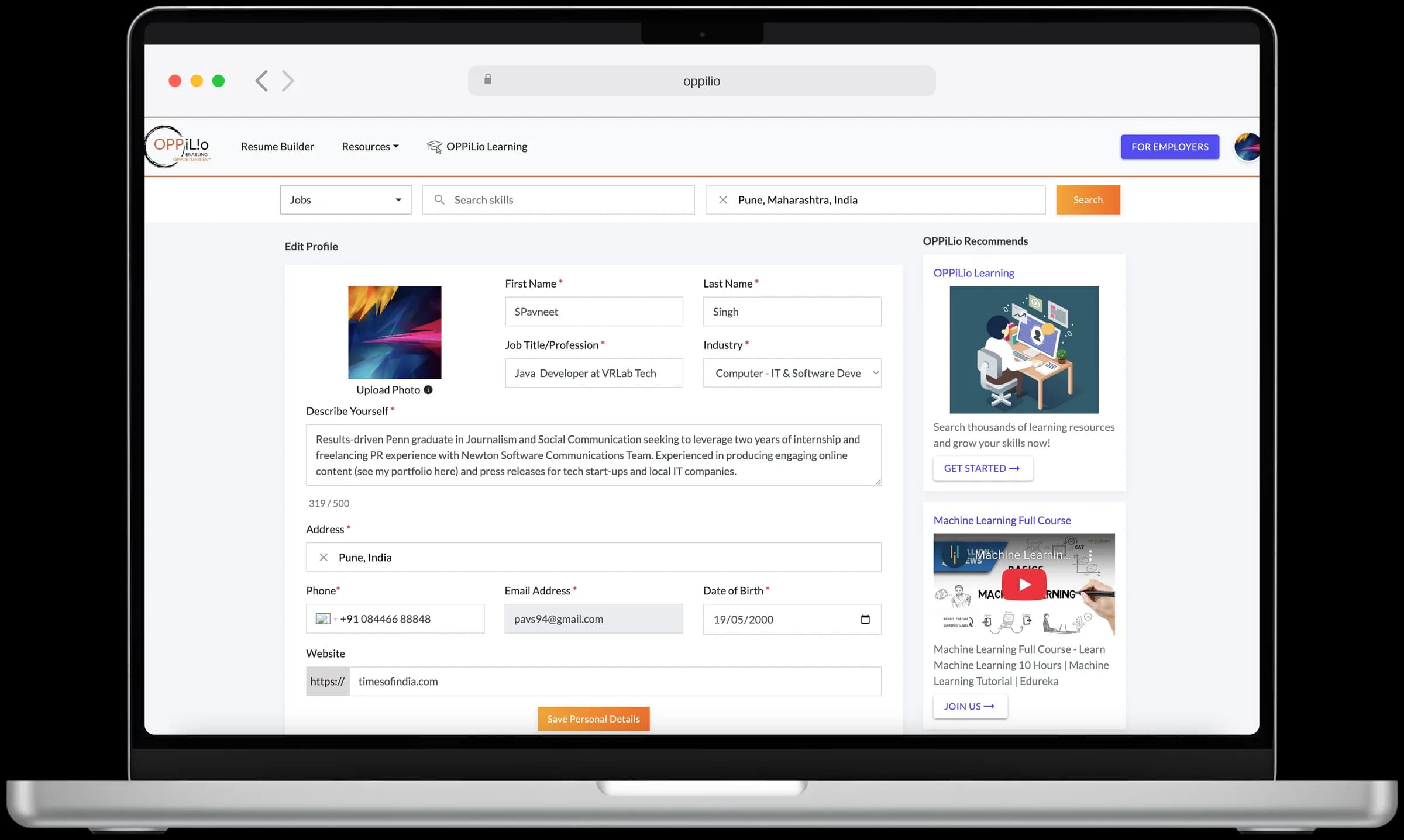 Oppilio edit profile form with photo upload, job title, industry, summary, address, and contact fields