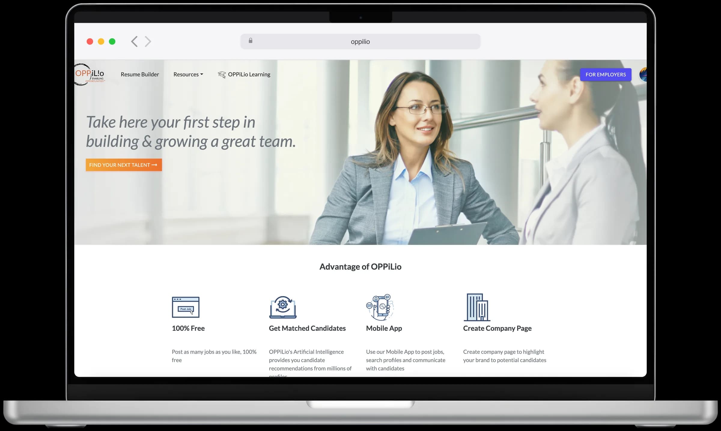 Oppilio employer landing page with find-your-next-talent call to action and platform advantages