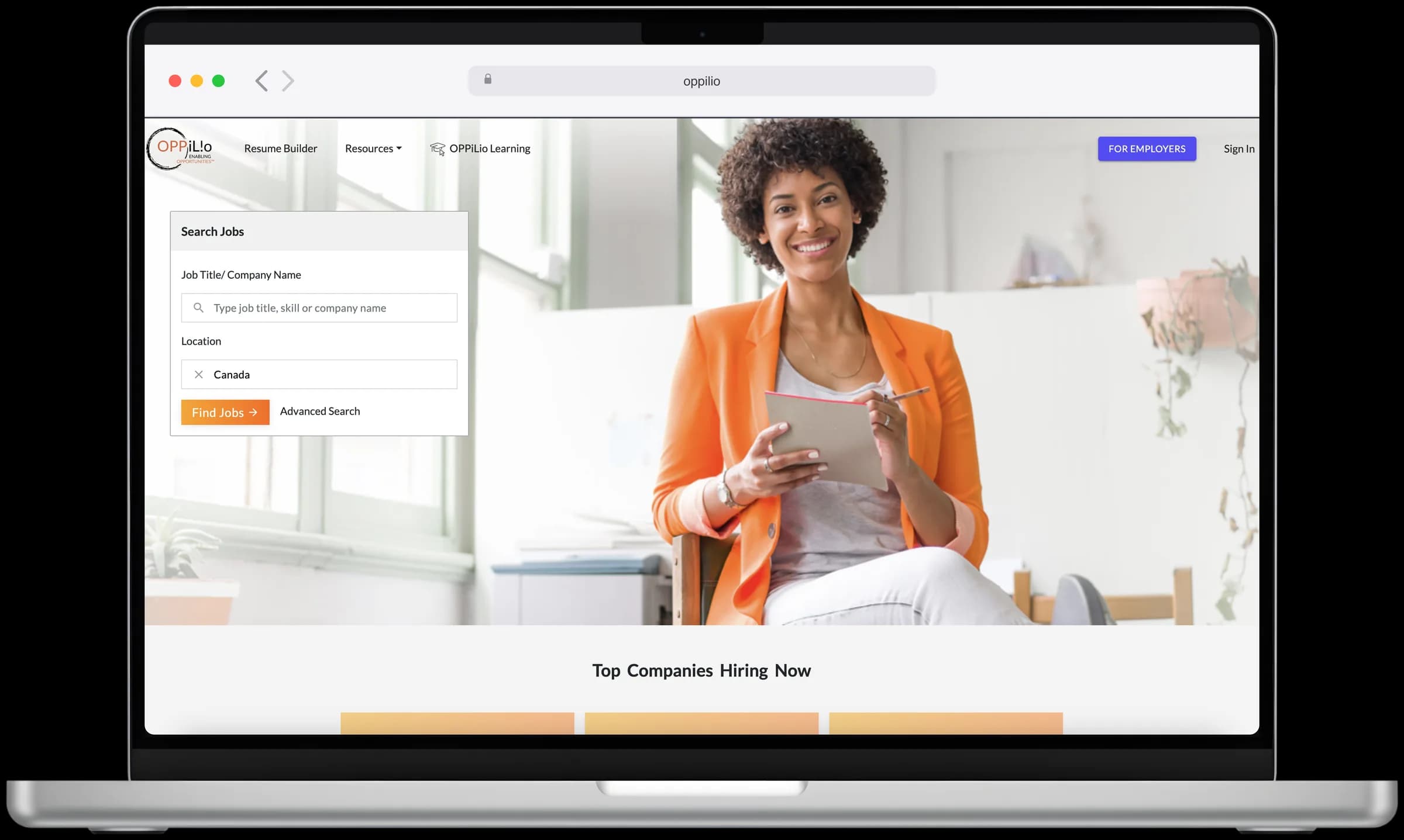 Oppilio job search home page on a 16-inch MacBook Pro