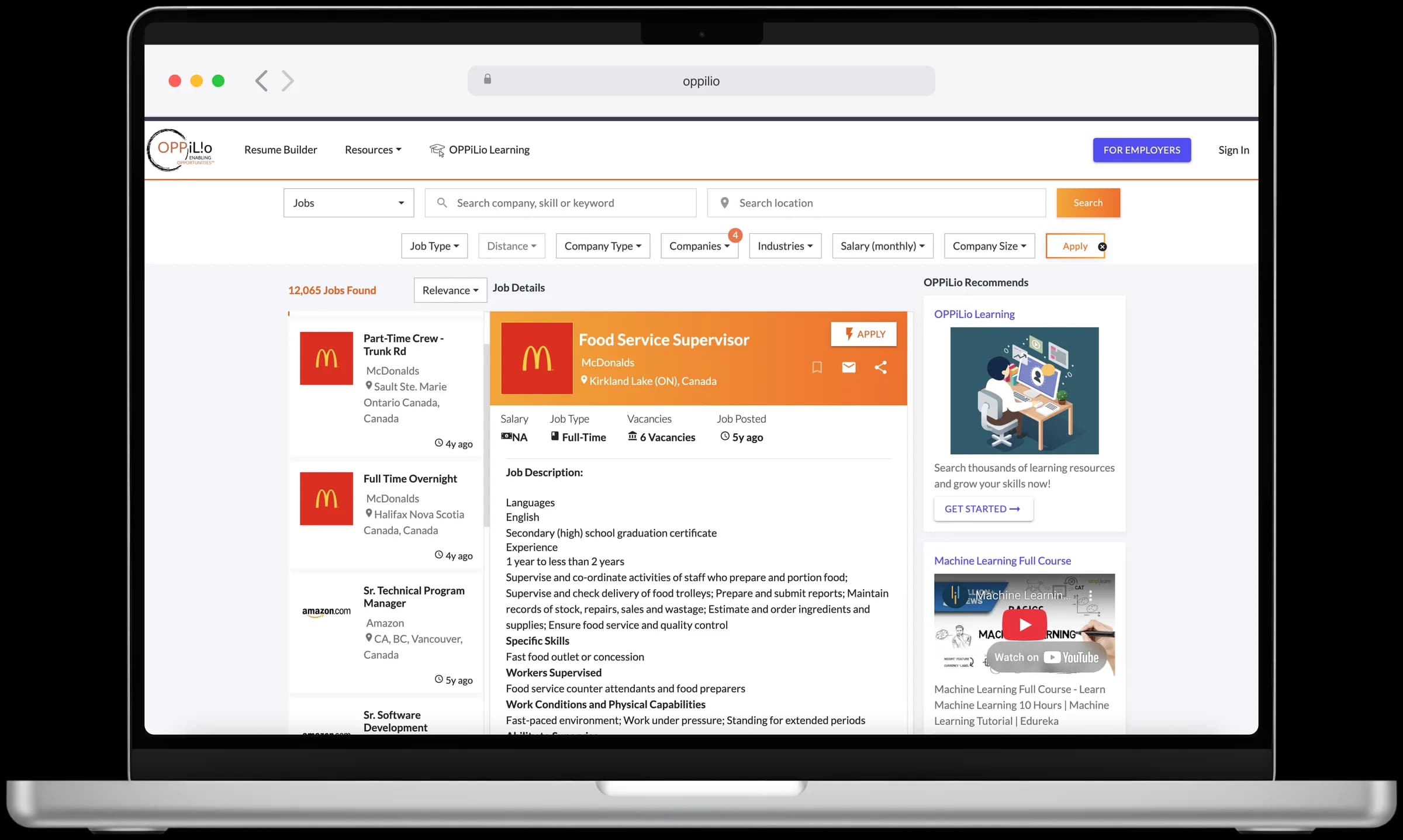 Oppilio job search with filters, a results list, and a job detail panel with apply, save, and share actions
