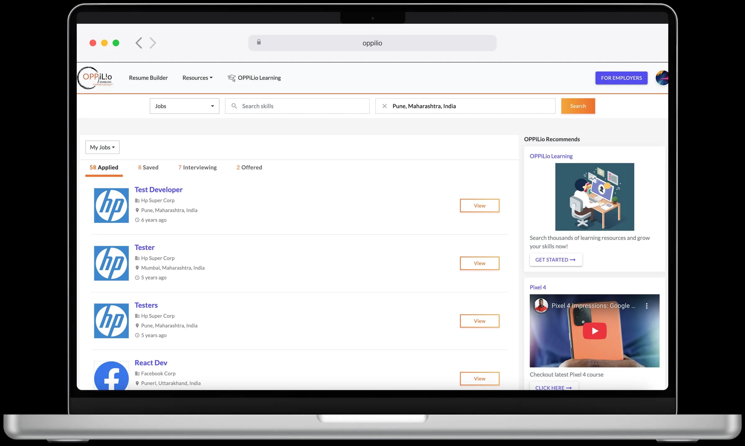 Oppilio My Jobs list with applied roles, employers, locations, and an Oppilio Learning panel