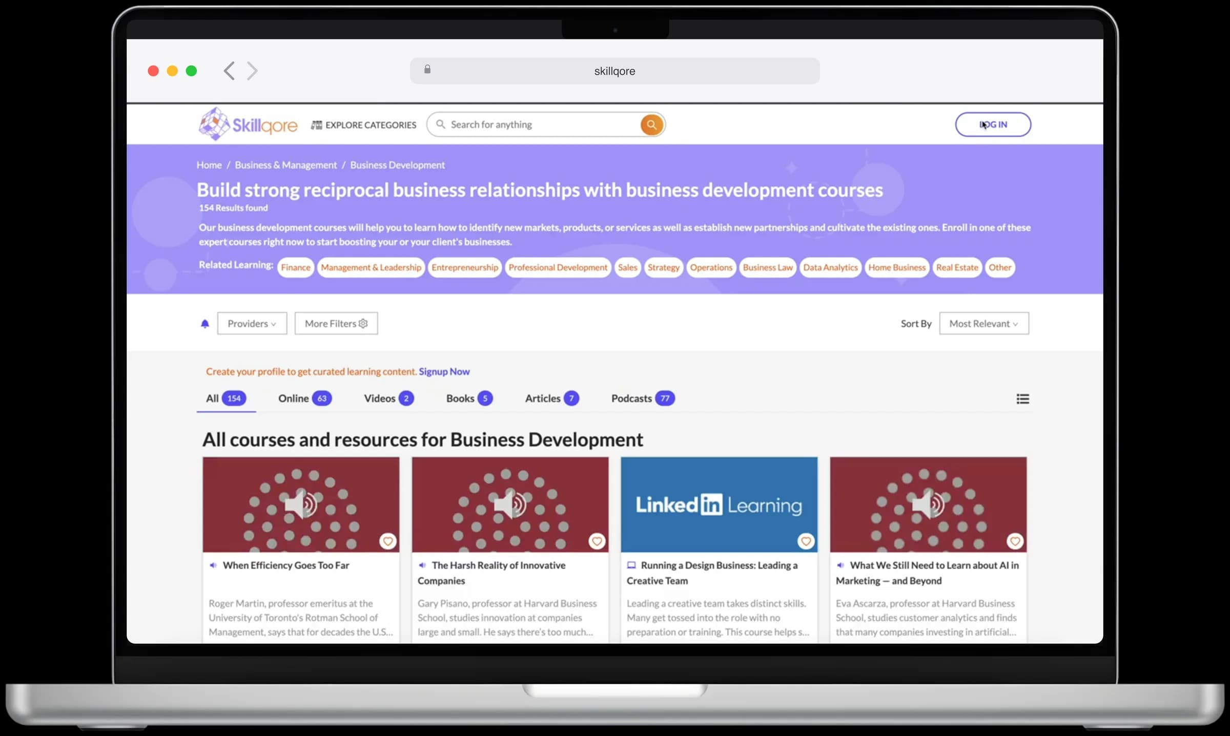Skillqore results for business development with format tabs for online courses, videos, books, articles, and podcasts