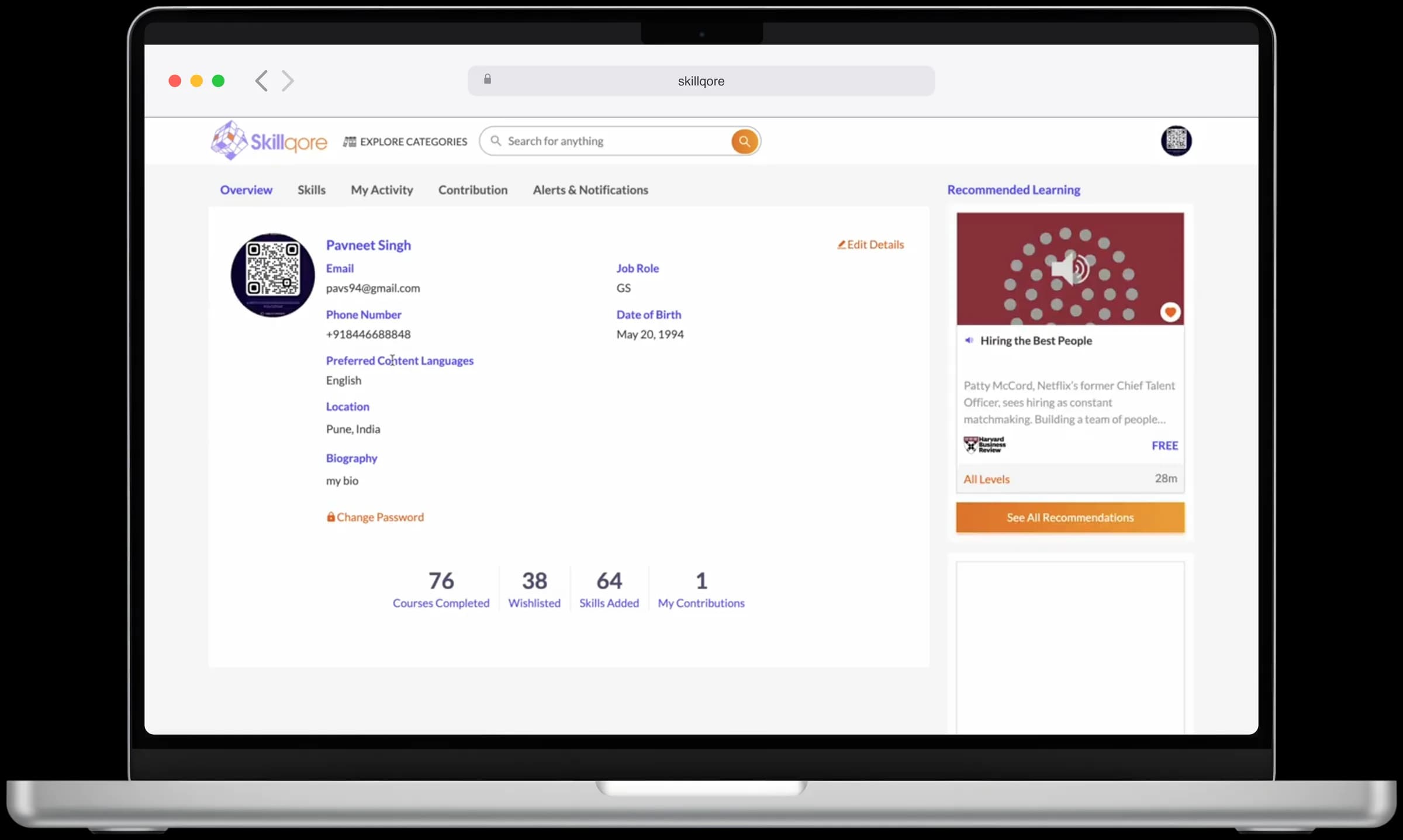 Skillqore learner profile with personal details, completion counts, and a recommended learning card