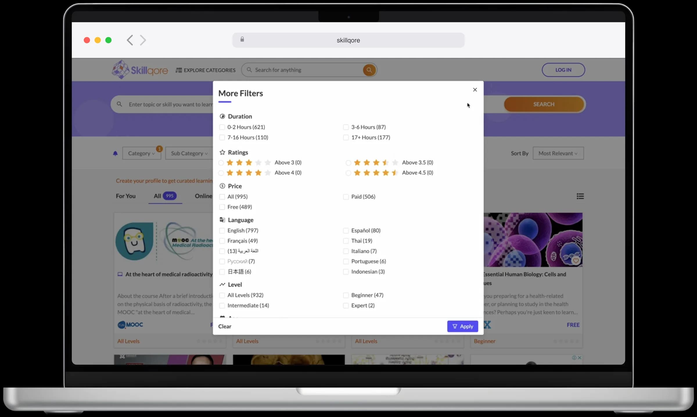 Skillqore filter panel with duration, ratings, price, language, and level options