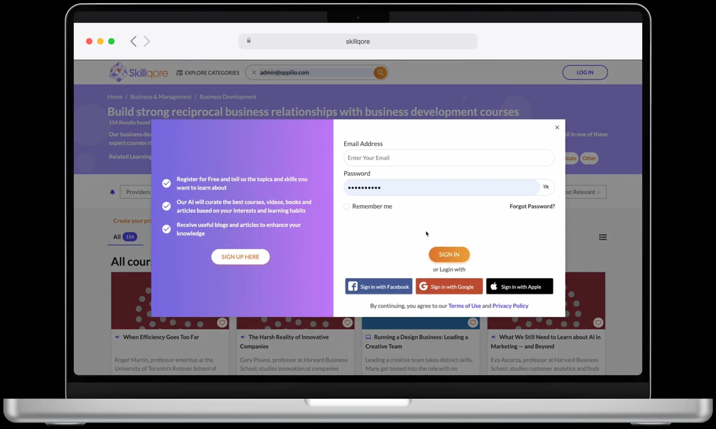 Skillqore sign-in dialog with email and password fields and Facebook, Google, and Apple sign-in